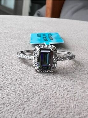 Rhodium Plated Sterling Silver Mystic Topaz Halo Solitaire Ring Size 9